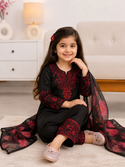 Kids Black Red Embroidered Suit | 3 Piece Festive Outfit