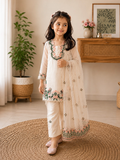 Kids White Floral Embroidered Suit | 3 Piece Festive Outfit