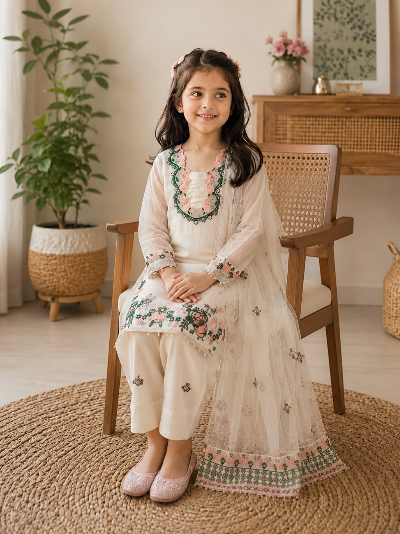 Kids White Floral Embroidered Suit | 3 Piece Festive Outfit