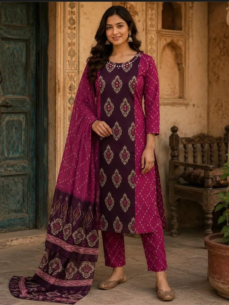 Dark Pink Cotton Straight Suit | 3 Piece Kurta Trouser Dupatta Set