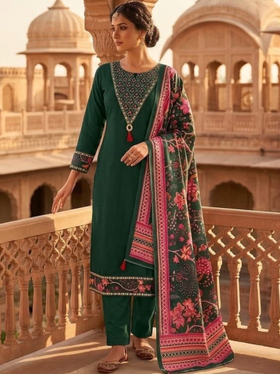 Bottle Green Embroidered Cotton Straight Suit | 3 Piece Kurta Trouser Dupatta Set