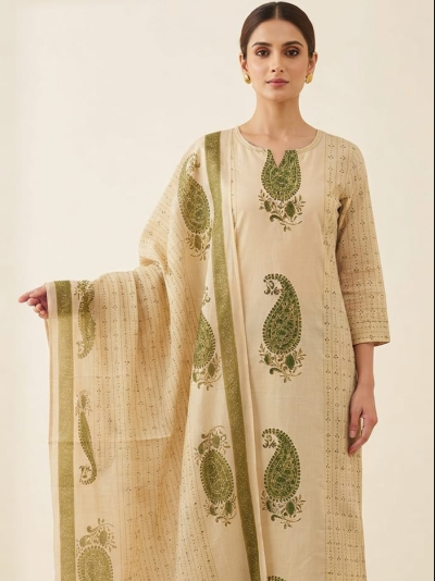Beige &amp; Green Cotton Printed Straight Suit | Paisley Print Dupatta Set