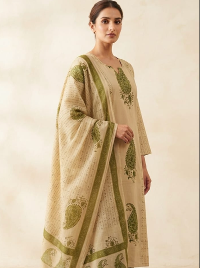 Beige &amp; Green Cotton Printed Straight Suit | Paisley Print Dupatta Set