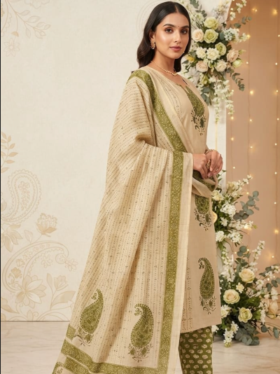 Beige &amp; Green Cotton Printed Straight Suit | Paisley Print Dupatta Set