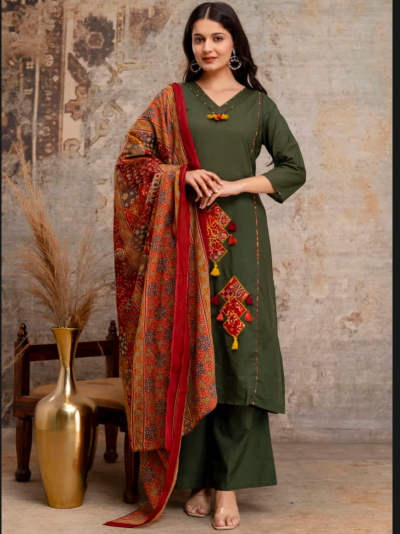 Olive Green Cotton Handwork Women&