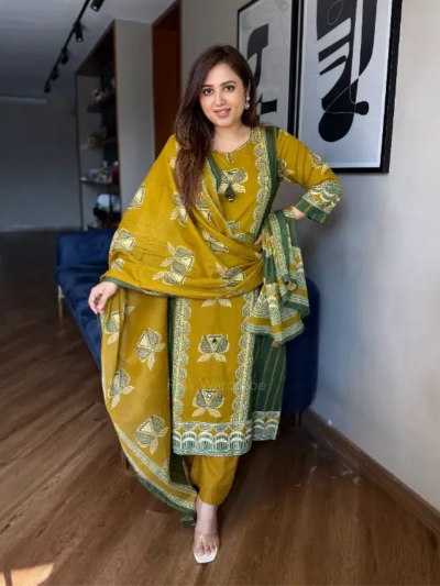 Mustard &amp; Green Cotton Katha Work Women&