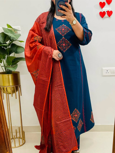 Teal Blue Cotton Embroidered Suit with Orange Dupatta
