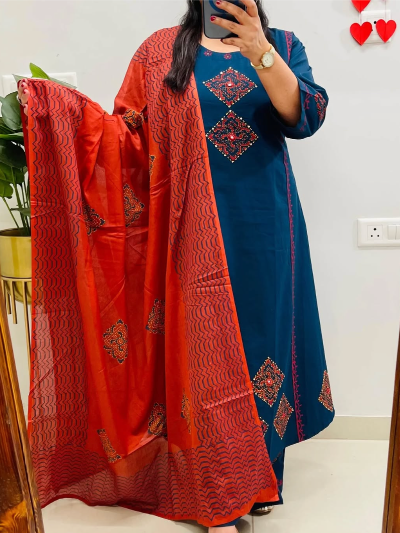 Teal Blue Cotton Embroidered Suit with Orange Dupatta