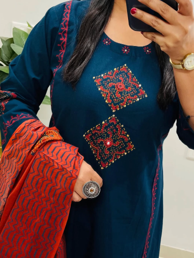 Teal Blue Cotton Embroidered Suit with Orange Dupatta