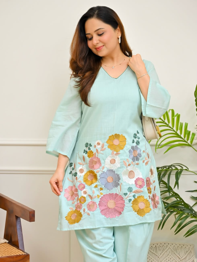 Light Blue Cotton Floral Kurta Pant Set Of 2