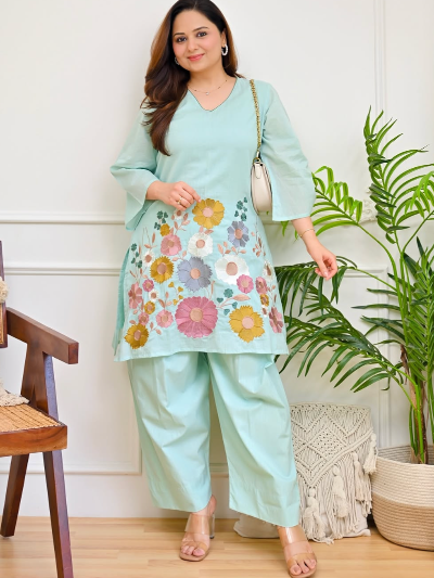 Light Blue Cotton Floral Kurta Pant Set Of 2