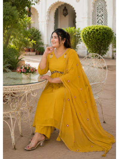 Plus Size Mustard Georgette Straight Suit
