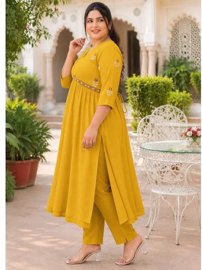 Plus Size Mustard Georgette Straight Suit