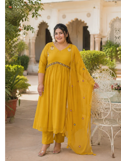 Plus Size Mustard Georgette Straight Suit