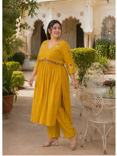 Plus Size Mustard Georgette Straight Suit