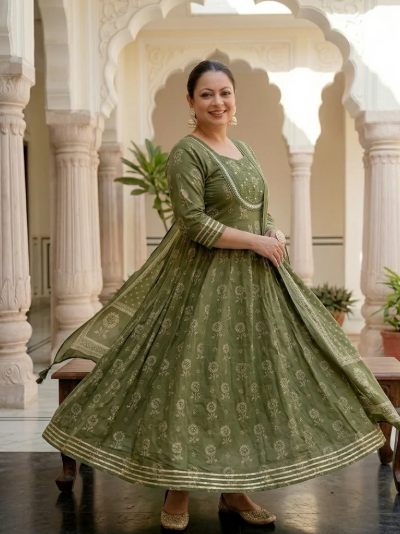Plus Size Mehandi Green Embroidered Kurta Dupatta Set