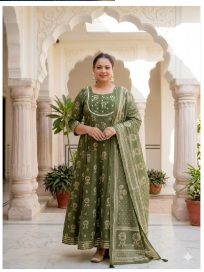 Plus Size Mehandi Green Embroidered Kurta Dupatta Set