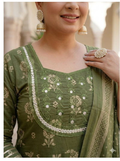 Plus Size Mehandi Green Embroidered Kurta Dupatta Set