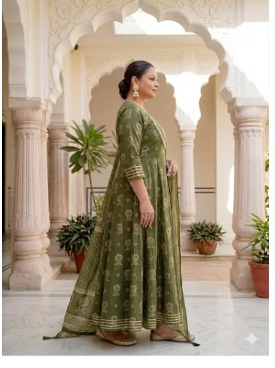 Plus Size Mehandi Green Embroidered Kurta Dupatta Set