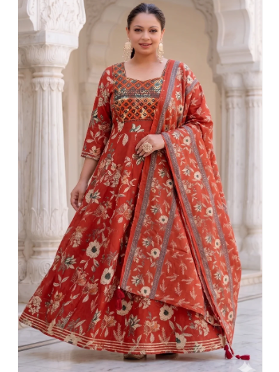 Plus Size Brick Brown Cotton Anarkali Dupatta Suit