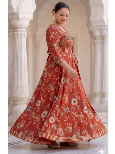 Plus Size Brick Brown Cotton Anarkali Dupatta Suit