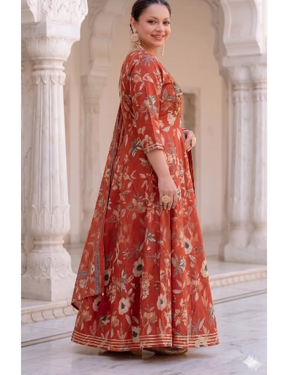 Plus Size Brick Brown Cotton Anarkali Dupatta Suit