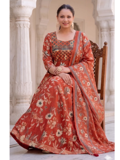 Plus Size Brick Brown Cotton Anarkali Dupatta Suit