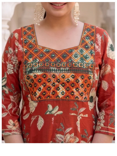 Plus Size Brick Brown Cotton Anarkali Dupatta Suit