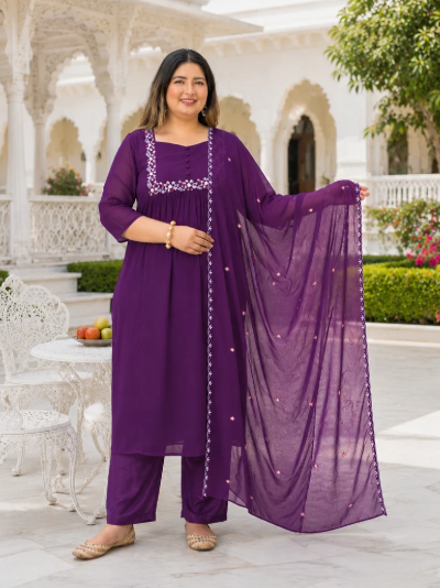 Plus Size Purple Georgette Women Straight Suit UK