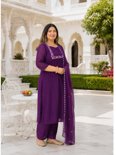 Plus Size Purple Georgette Women Straight Suit UK