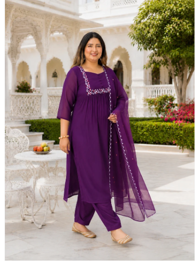 Plus Size Purple Georgette Women Straight Suit UK