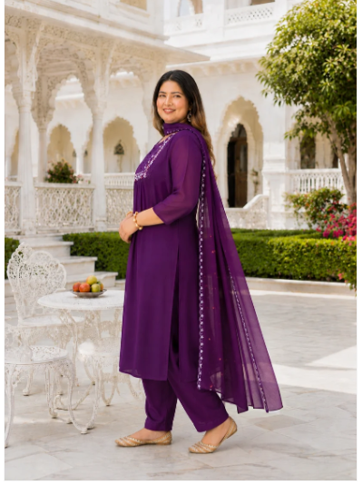 Plus Size Purple Georgette Women Straight Suit UK