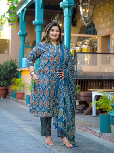 Plus Size Blue Jaipuri Handblock Cotton  Women Straight Suit