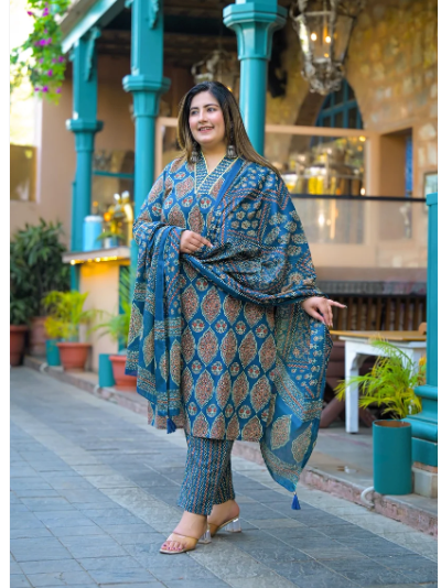 Plus Size Blue Jaipuri Handblock Cotton  Women Straight Suit