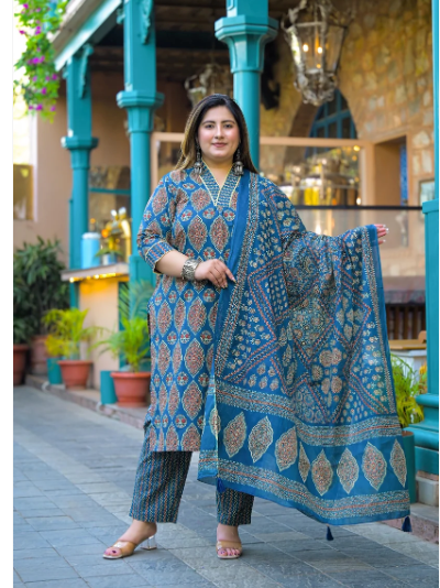 Plus Size Blue Jaipuri Handblock Cotton  Women Straight Suit
