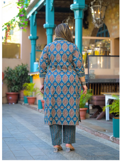 Plus Size Blue Jaipuri Handblock Cotton  Women Straight Suit