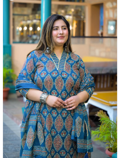 Plus Size Blue Jaipuri Handblock Cotton  Women Straight Suit