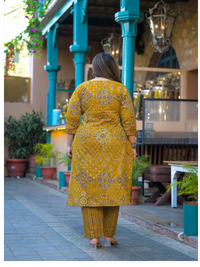 Plus Size Mustard Jaipuri Handblock Cotton  Women Straight Suit