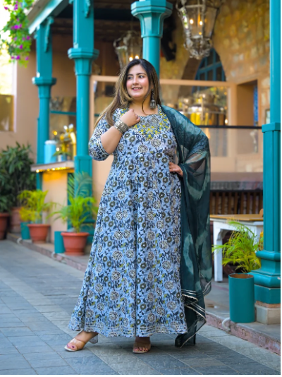 Plus Size Women Blue Yellow Cotton Anarkali Dupatta Set of 2