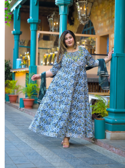 Plus Size Women Blue Yellow Cotton Anarkali Dupatta Set of 2