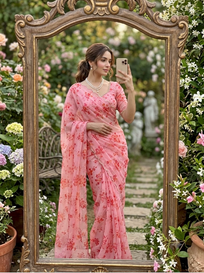 Blush Pink Pre-Stitched Predraped Saree Free Stitched Blouse Women UK
