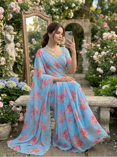 Blush Pink Pre-Stitched Predraped Saree Free Stitched Blouse Women UK