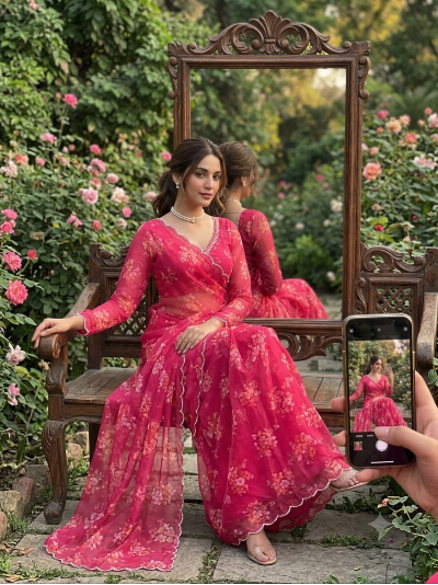 Blush Pink Pre-Stitched Predraped Saree Free Stitched Blouse Women UK