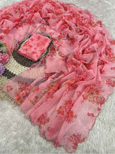 Blush Pink Pre-Stitched Predraped Saree Free Stitched Blouse Women UK