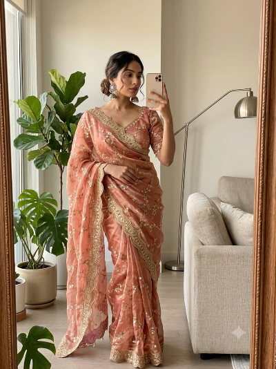 Dusty Pink Embroidered Ready to Wear Georgette saree Stitched Blouse