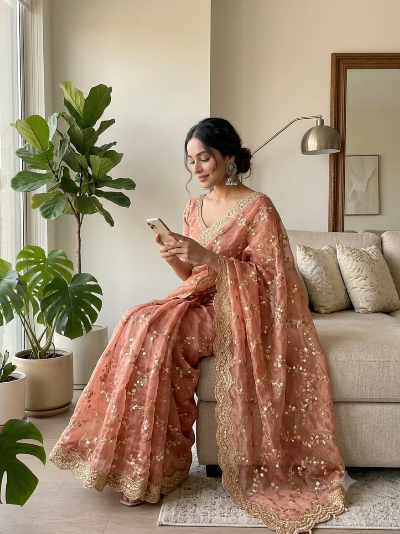 Dusty Pink Embroidered Ready to Wear Georgette saree Stitched Blouse