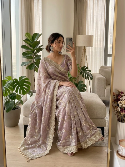 Lilac Gold Pastel Embroidered Ready to Wear saree Stitched Blouse