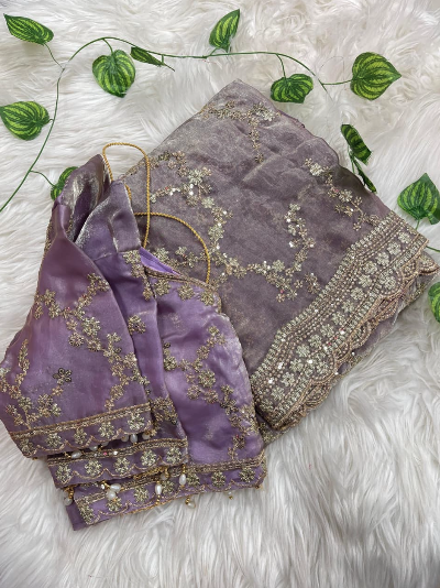 Lilac Gold Pastel Embroidered Ready to Wear saree Stitched Blouse