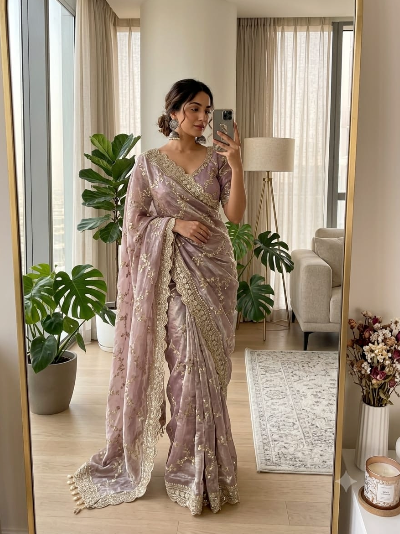 Lilac Gold Pastel Embroidered Ready to Wear saree Stitched Blouse