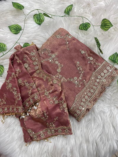 Dusty Pink Embroidered Ready to Wear Georgette saree Stitched Blouse